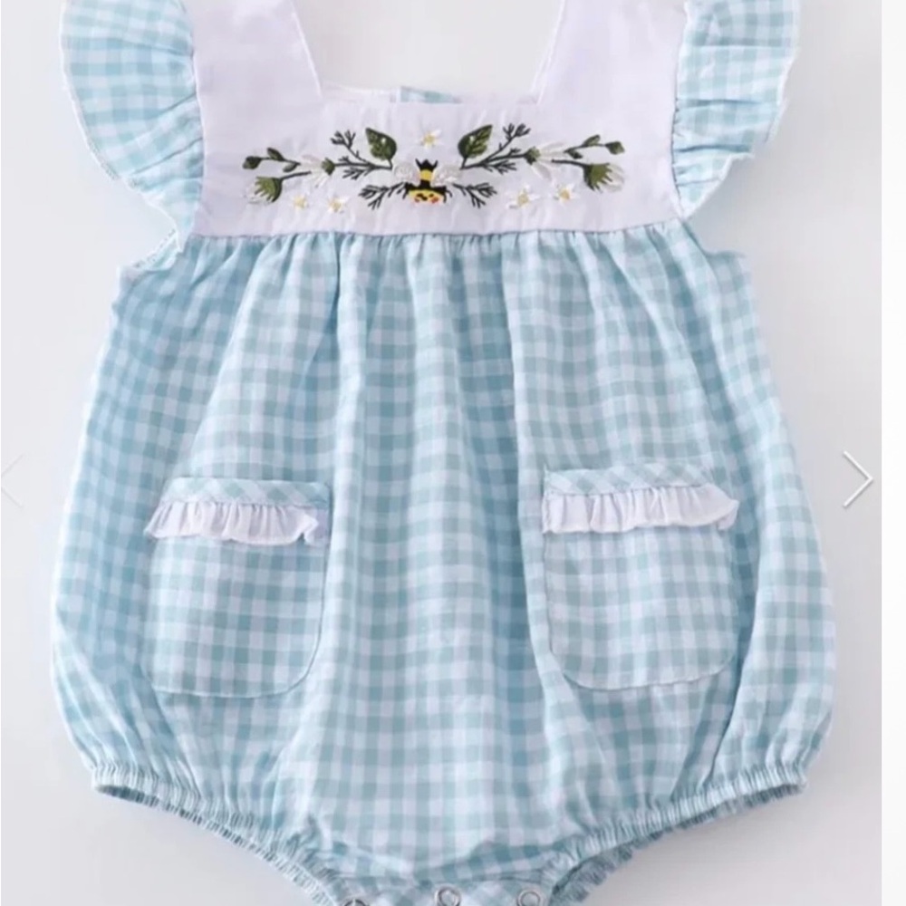 Baby Girls Blue Embroidered Ruffled Bubble One Piece Short Romper Sizes 12 M 18M